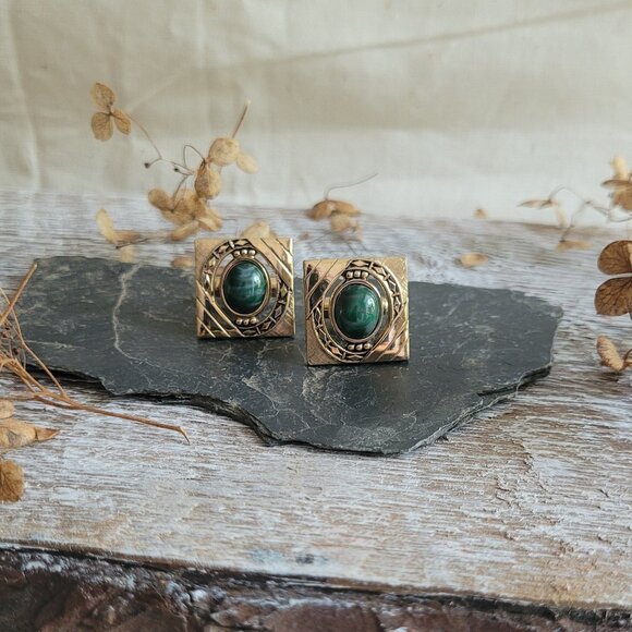 Square Gold and Green Amazonite Vintage Cufflinks by Anson USA - Picture 1 of 5
